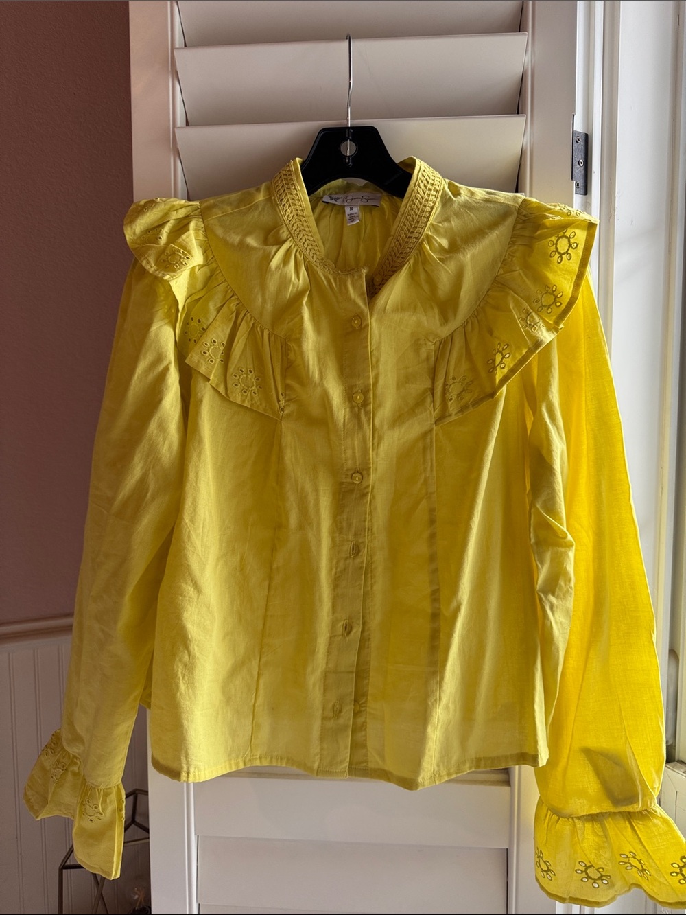 Jessica Simpson Yellow Ruffle Eyelet Button-Up Blouse